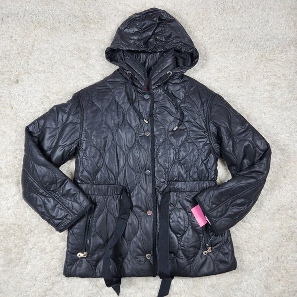 Kate Spade Jacket Womens Black Quilted Relaxed Short Hooded Lined Snap Front